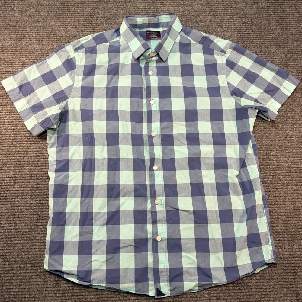 UNTUCKit Mens XL Slim Fit Short Sleeve Button Down Blue Green Check Shirt